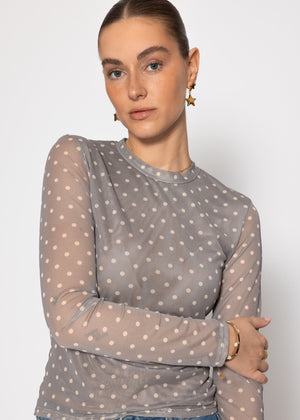 Mesh long-sleeved shirt with polka dots - grey