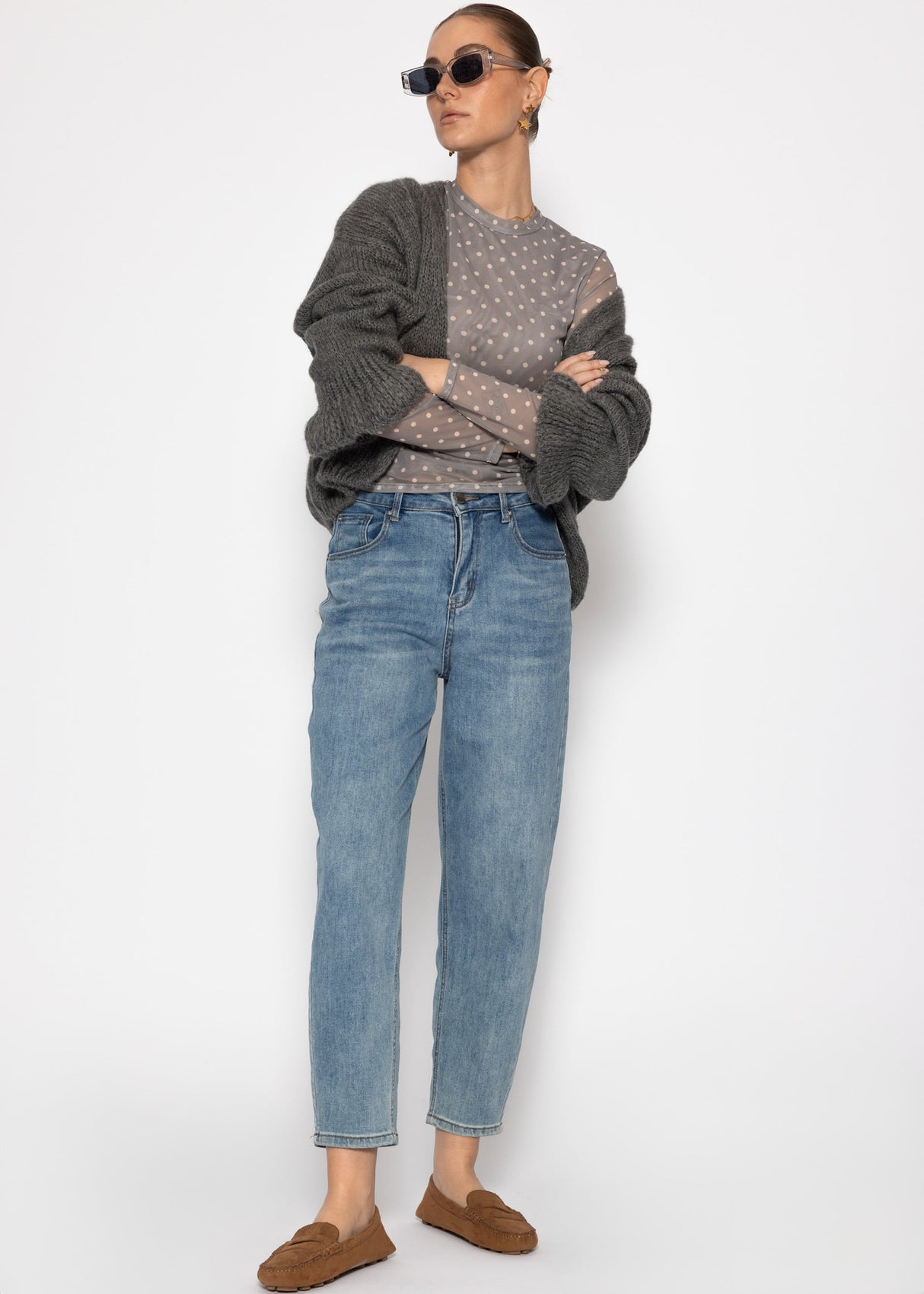 Mesh long-sleeved shirt with polka dots - grey