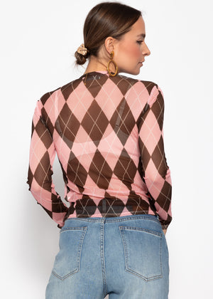 Mesh long-sleeved shirt with diamond pattern - pink-brown