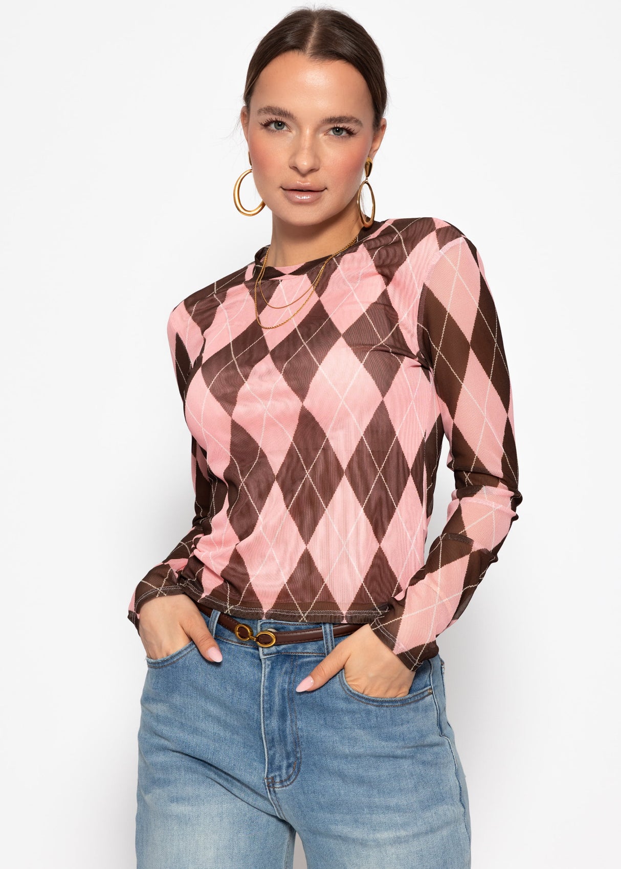 Mesh long-sleeved shirt with diamond pattern - pink-brown