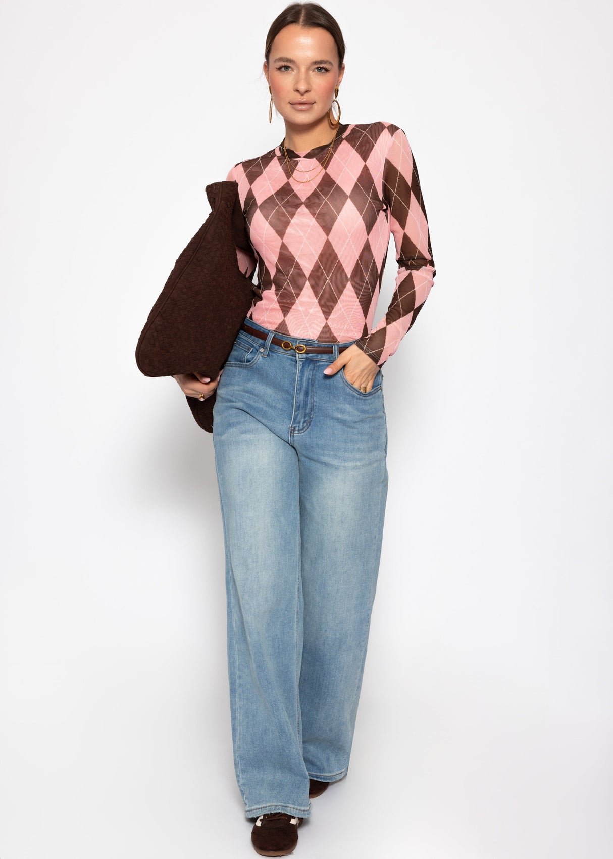 Mesh long-sleeved shirt with diamond pattern - pink-brown