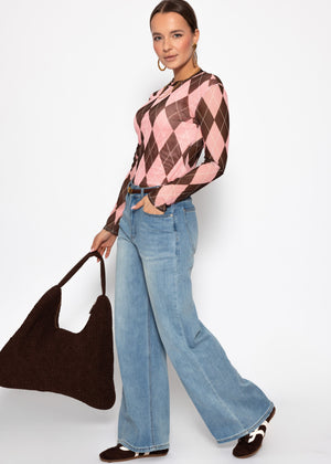 Mesh long-sleeved shirt with diamond pattern - pink-brown