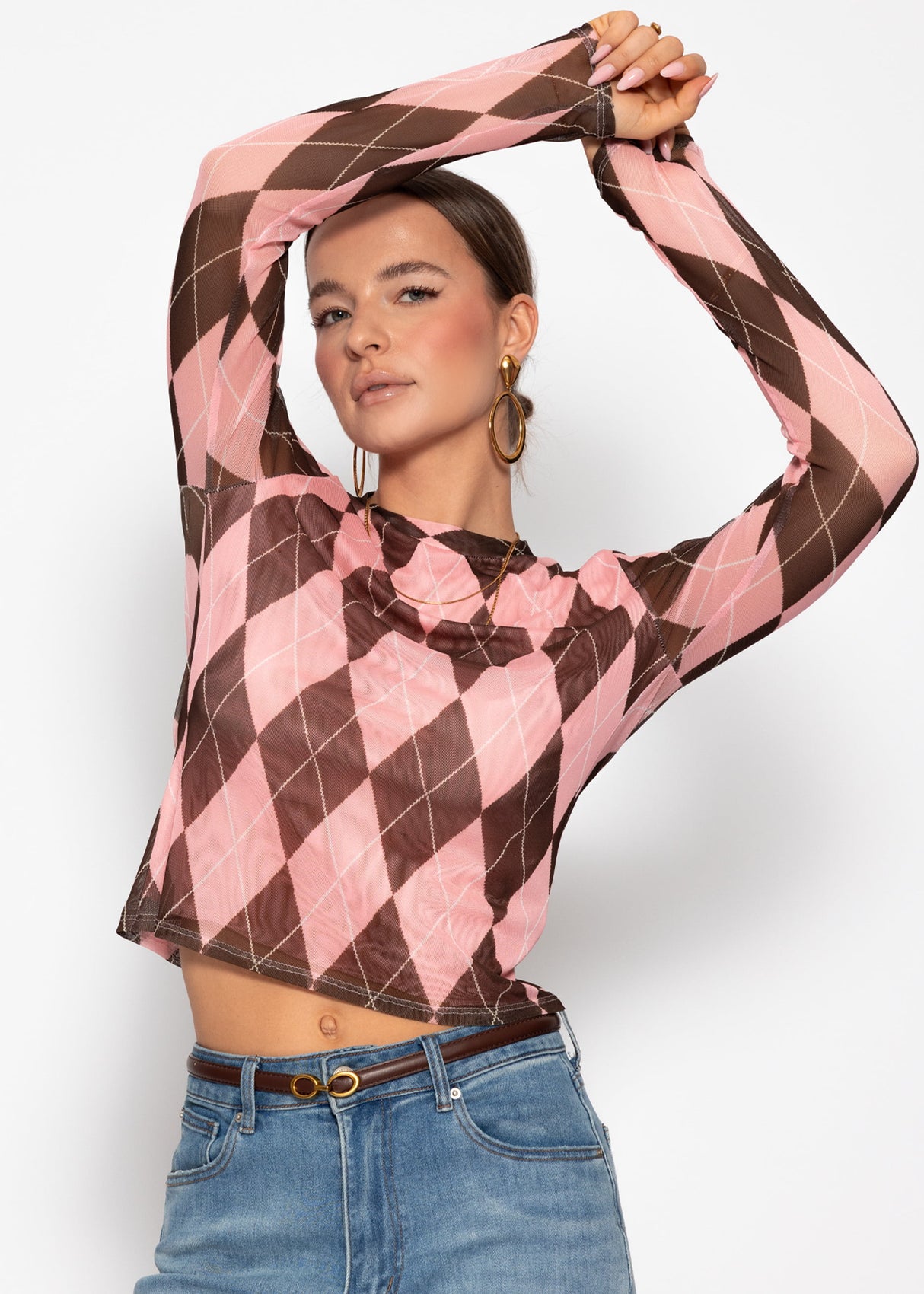 Mesh long-sleeved shirt with diamond pattern - pink-brown