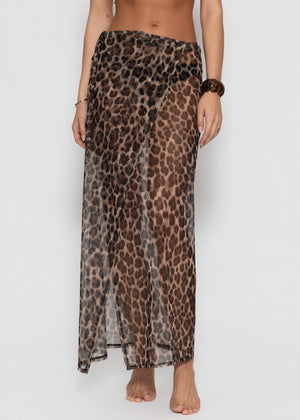 Mesh Pareo mit Leo-Print - braun