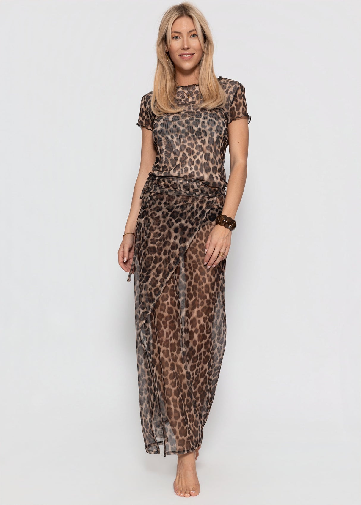 Mesh Pareo mit Leo-Print - braun