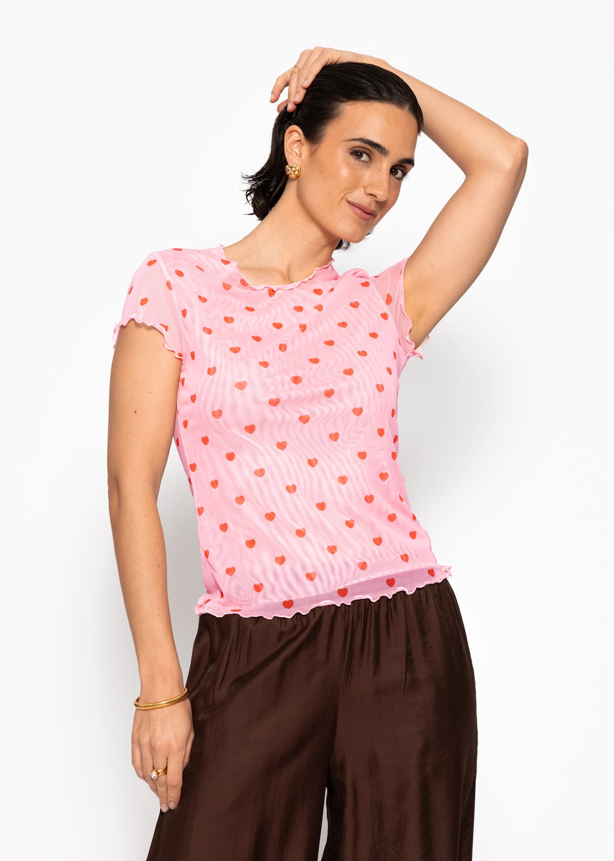 Mesh T-Shirt mit Herz-Print - rosa