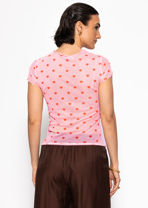 Mesh T-Shirt mit Herz-Print - rosa