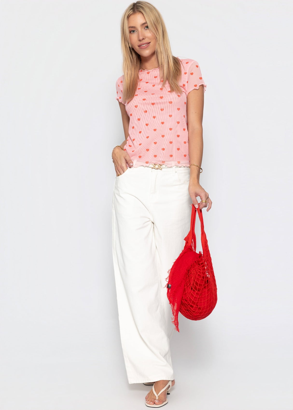 Mesh T-shirt with heart print - pink