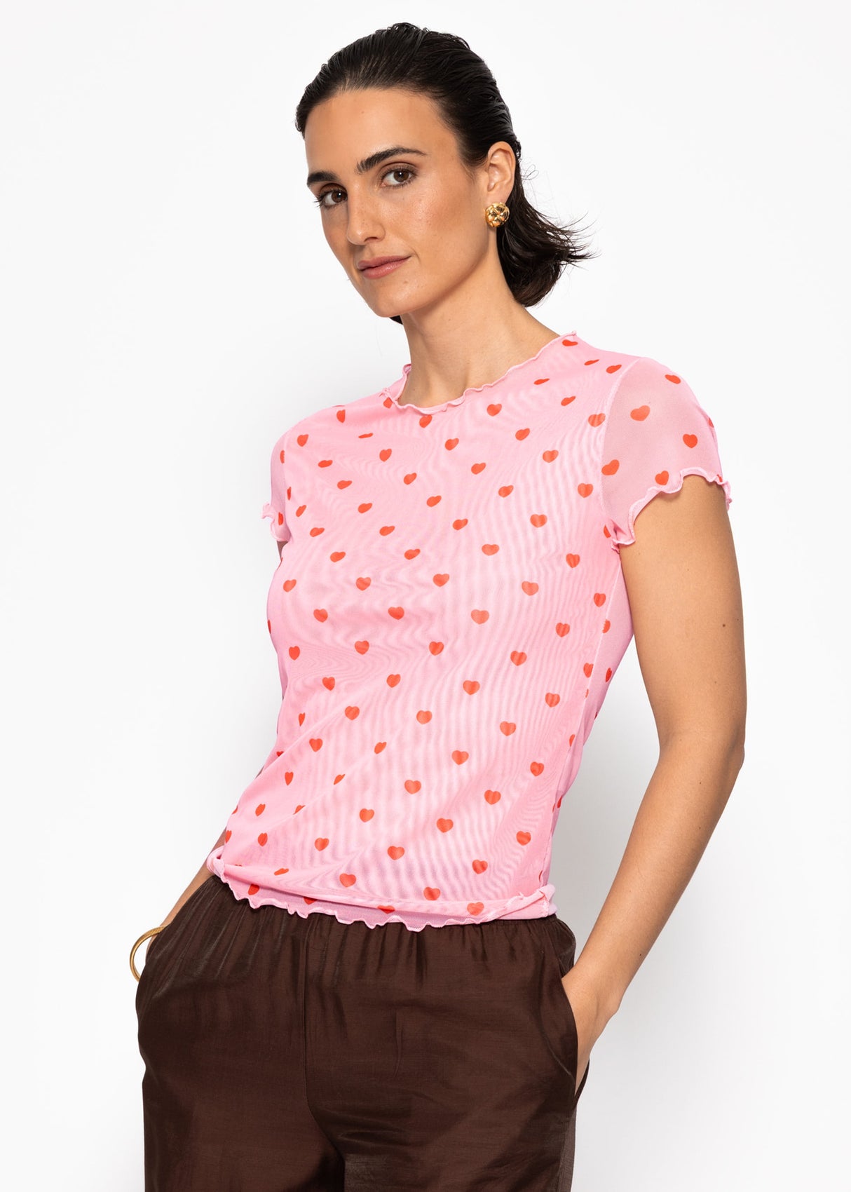 Mesh T-Shirt mit Herz-Print - rosa