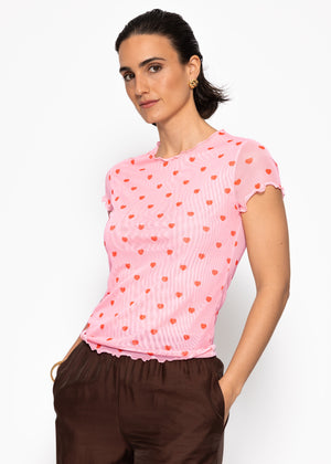 Mesh T-Shirt mit Herz-Print - rosa