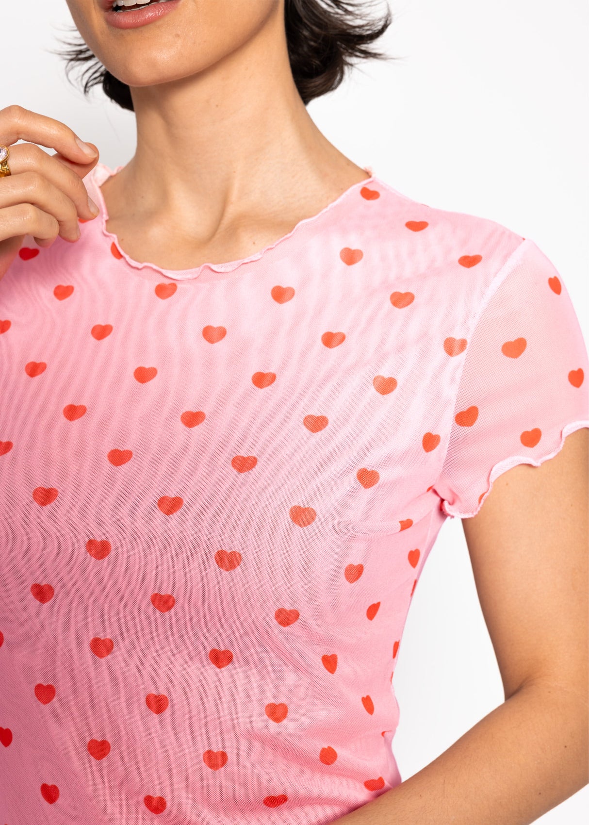 Mesh T-Shirt mit Herz-Print - rosa