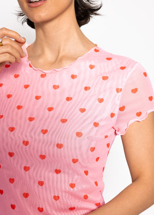 Mesh T-Shirt mit Herz-Print - rosa