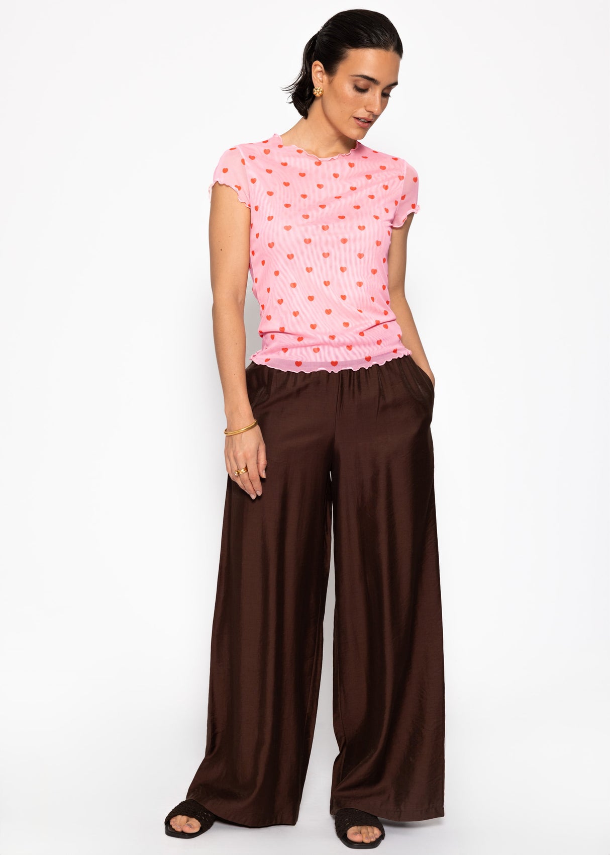 Mesh T-Shirt mit Herz-Print - rosa