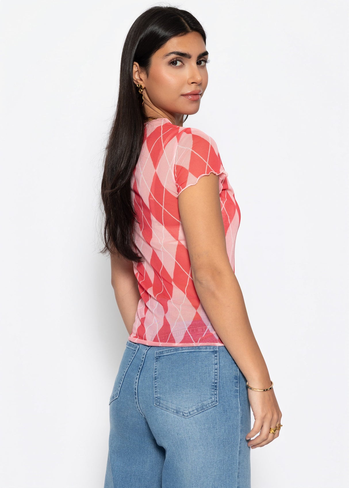 Mesh T-shirt with diamond print - pink