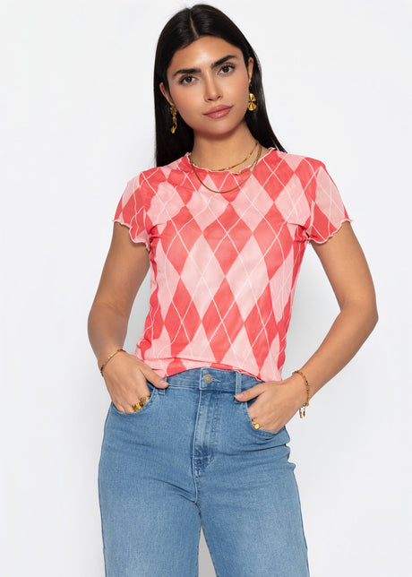 Mesh T-Shirt mit Rauten-Print - rosa von SASSYCLASSY