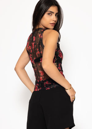Mesh Top mit floralem Druck - schwarz