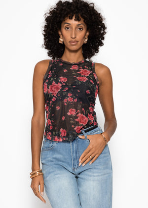 Mesh top with floral print - black