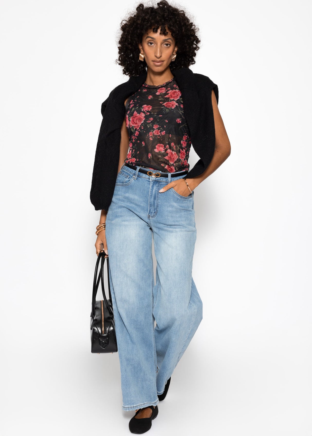 Mesh top with floral print - black