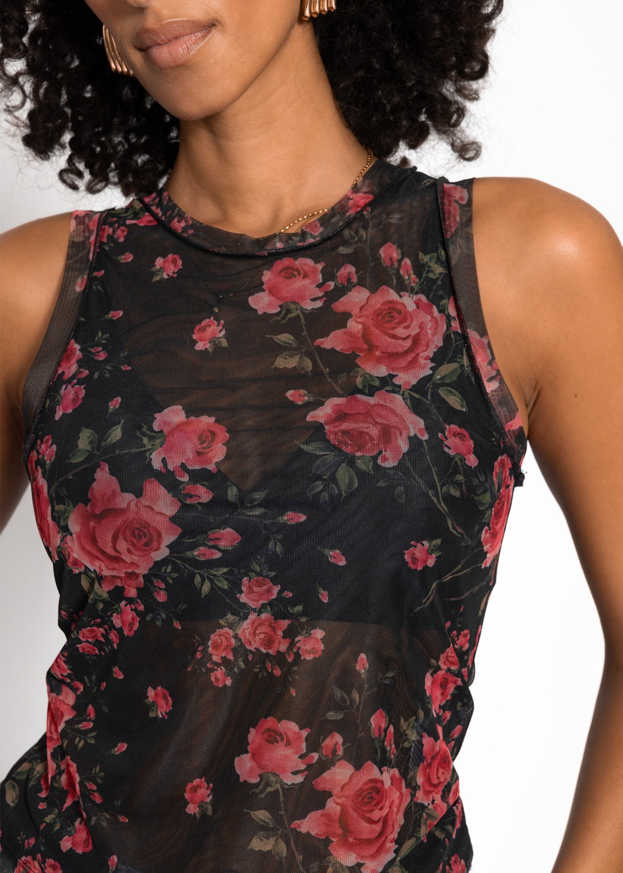 Mesh top with floral print - black