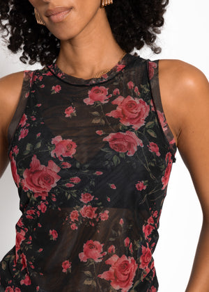 Mesh top with floral print - black