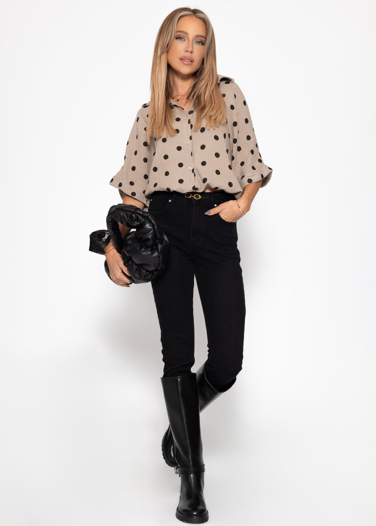 Blouse with drawstring and dots - taupe