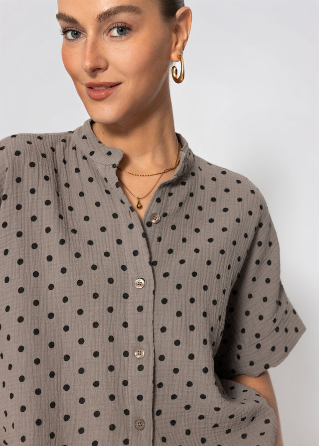 Kurzarm Musselin Bluse mit Punkten - taupe
