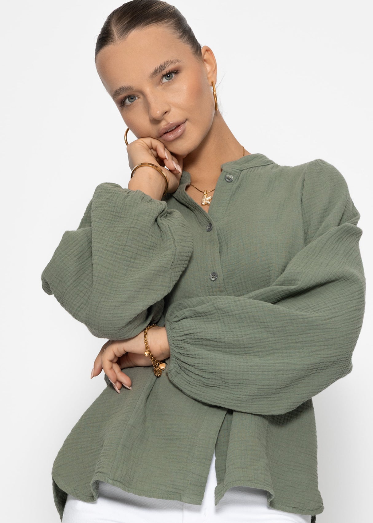 Muslin blouse with batwing sleeves - olive green