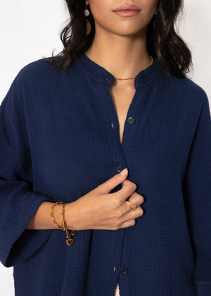 Musselin Bluse mit halblangen Ärmeln - dunkelblau