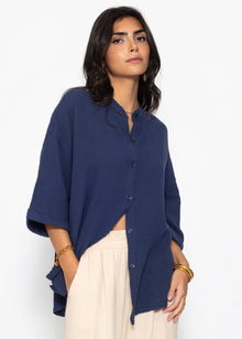 Musselin Bluse mit halblangen Ärmeln - dunkelblau