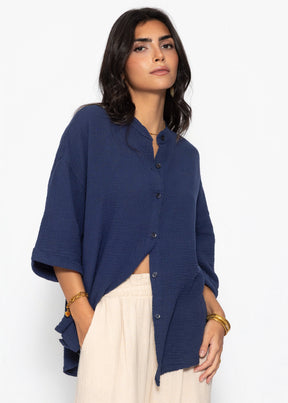 Musselin Bluse mit halblangen Ärmeln - dunkelblau