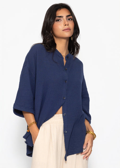 Musselin Bluse mit halblangen Ärmeln - dunkelblau