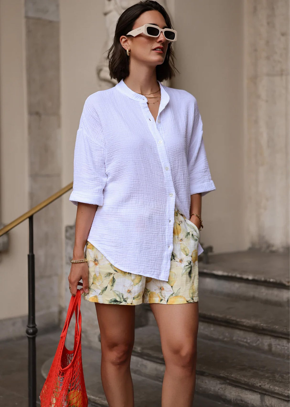 Musselin Bluse mit halblangen Ärmeln - weiß