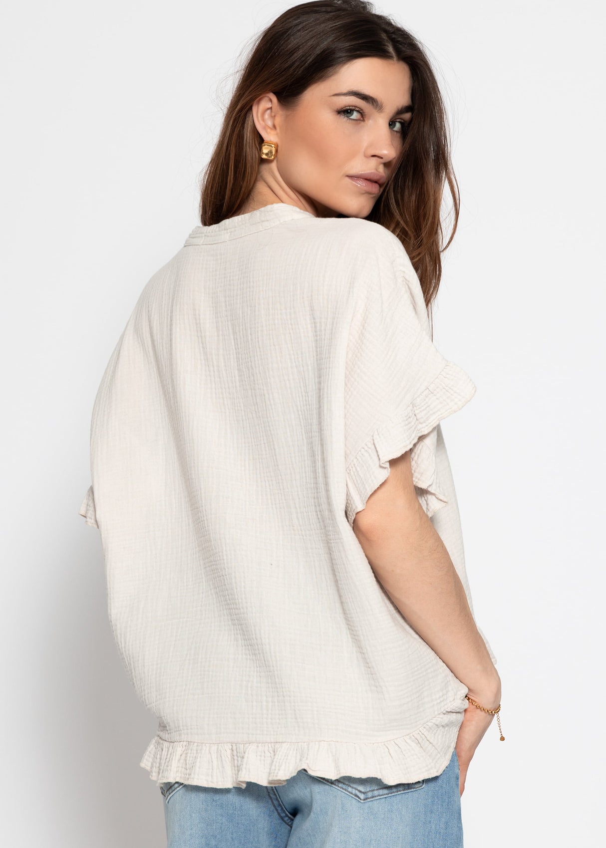 Musselin Bluse mit Rüschensaum - hellbeige