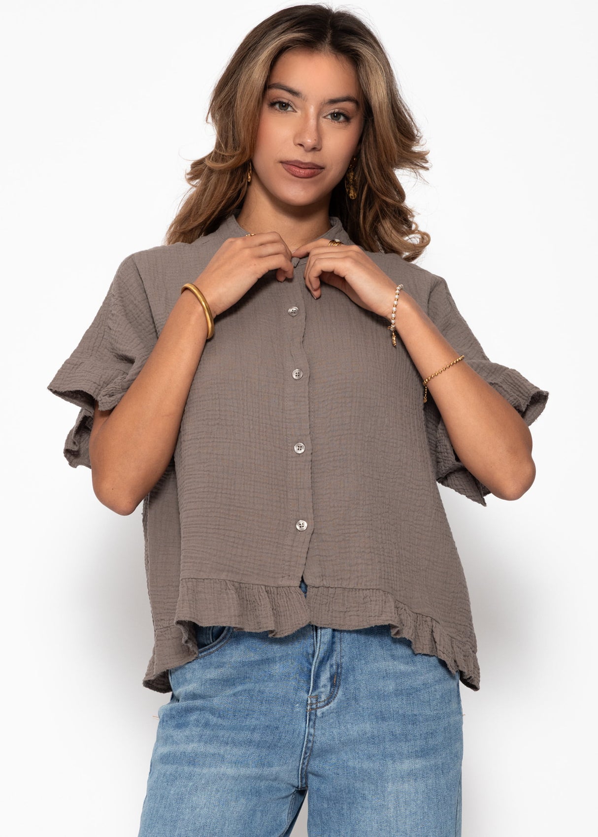 Musselin Bluse mit Rüschensaum - taupe