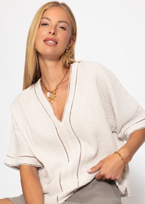 Musselin Bluse mit Spitzeneinsatz - hellbeige