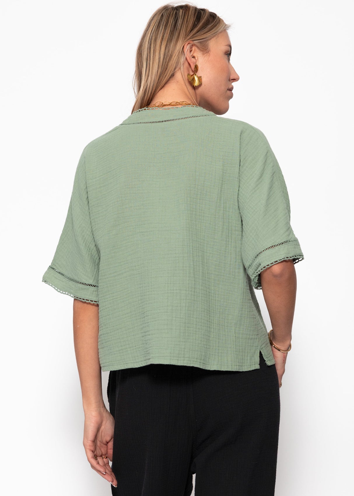 Muslin blouse with lace insert - sage green