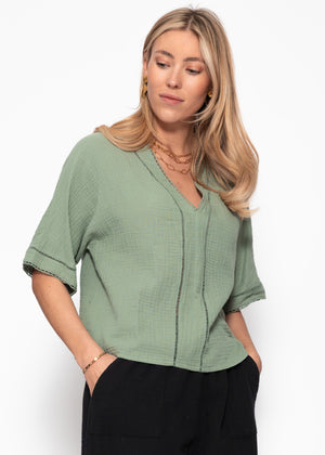 Muslin blouse with lace insert - sage green