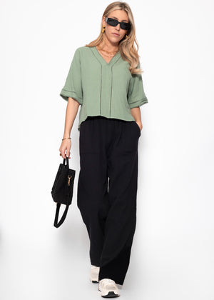 Muslin blouse with lace insert - sage green