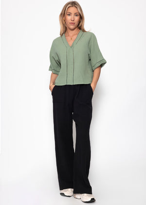 Muslin blouse with lace insert - sage green