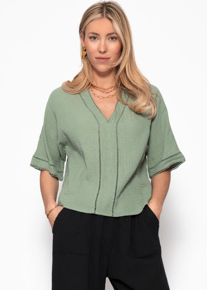 Muslin blouse with lace insert - sage green