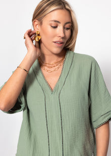 Muslin blouse with lace insert - sage green