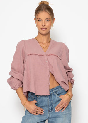 Musselin Bluse mit V-Ausschnitt und Fransen - altrosa