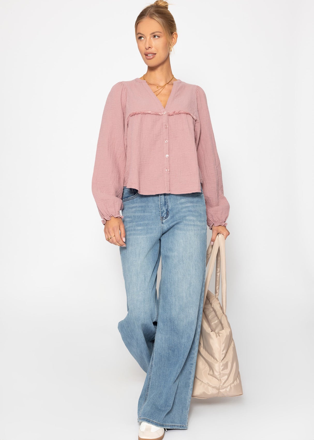 Musselin Bluse mit V-Ausschnitt und Fransen - altrosa