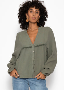 Musselin Bluse mit V-Ausschnitt und Fransen - khaki