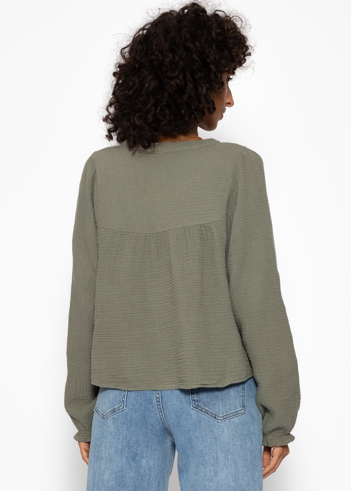 Musselin Bluse mit V-Ausschnitt und Fransen - khaki