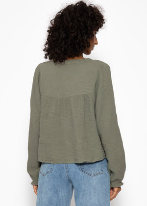 Musselin Bluse mit V-Ausschnitt und Fransen - khaki