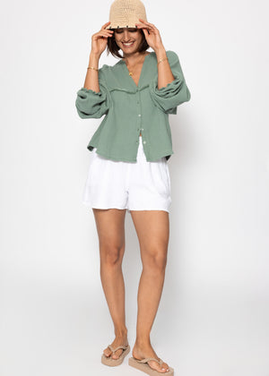 Muslin blouse with V-neck and fringes - sage green