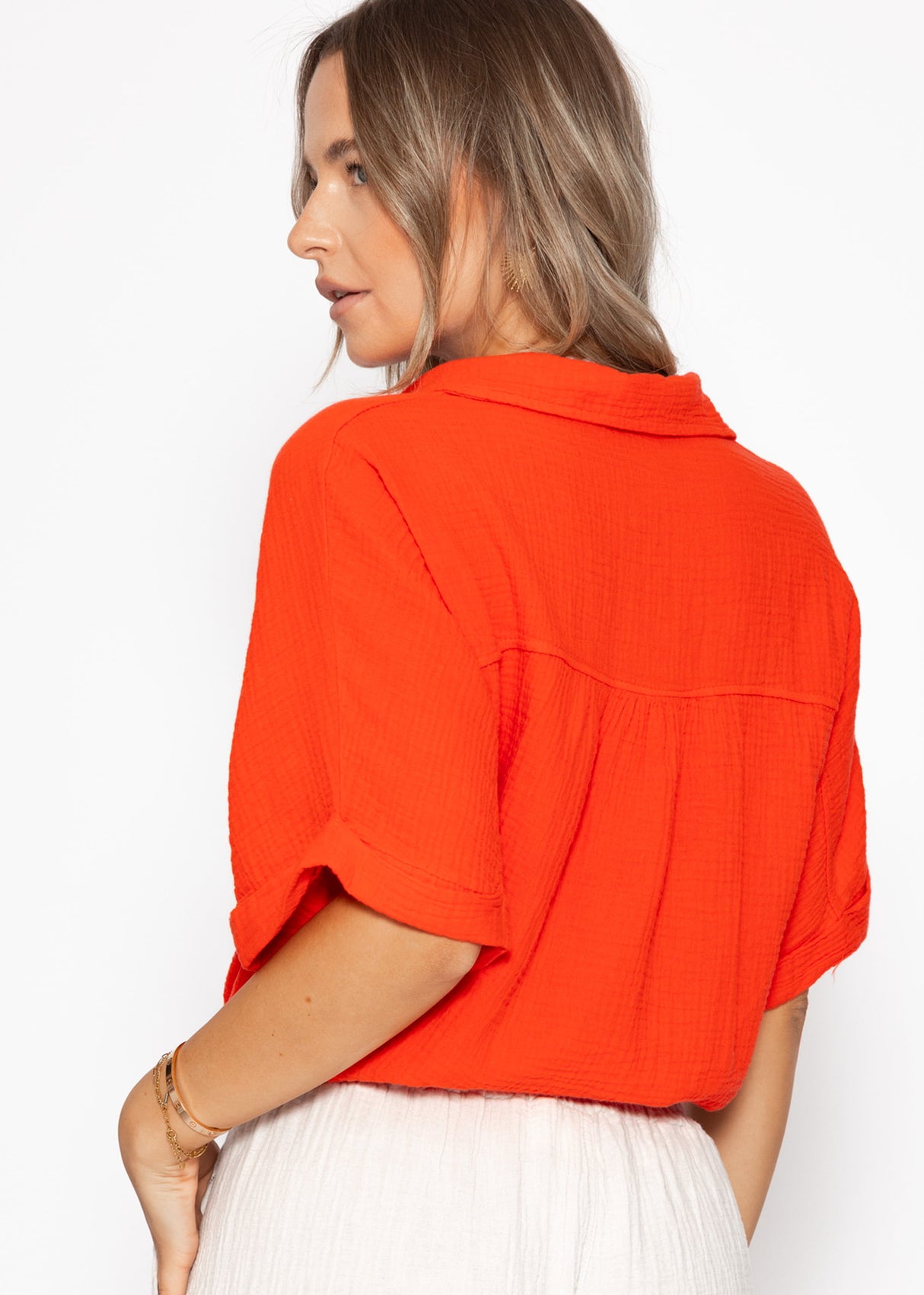 Musselin Bluse mit Zugband - Rotorange