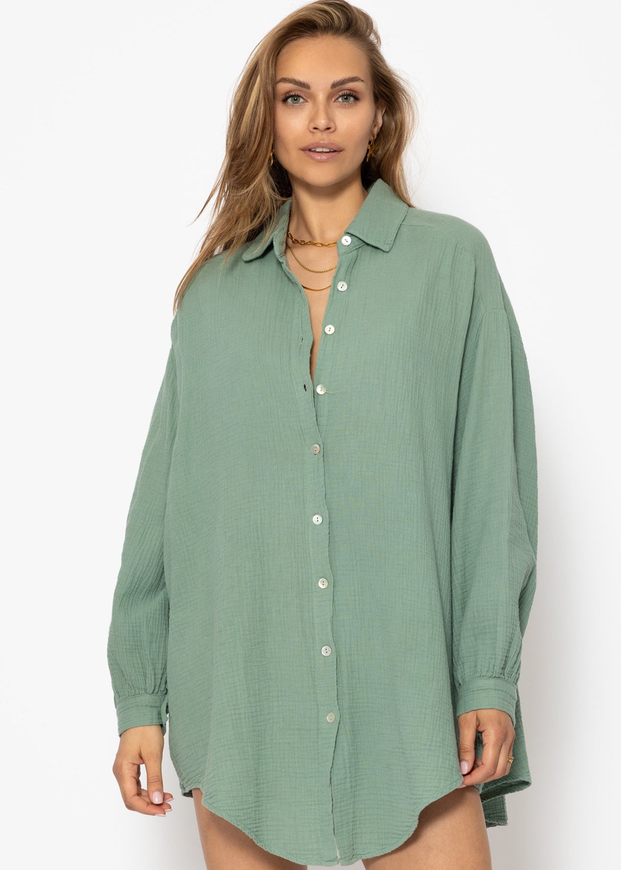Musselin Bluse oversize, salbeigrün