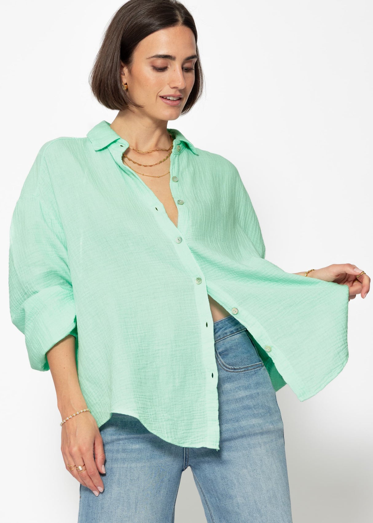 Musselin Bluse oversize, kurz, hellgrün